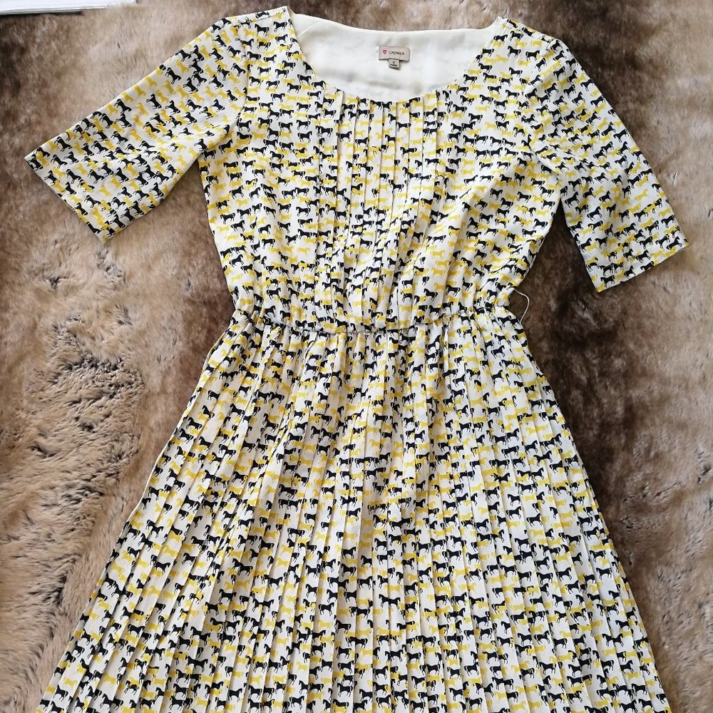 CREMIEUX HORSE PRINT BELTED PLEATED DRESS